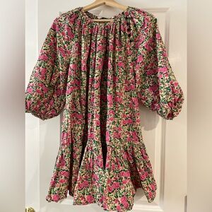 Zara Pink Green Floral Puff Sleeve Mini Dress Drop Waist Medium Spring/Easter